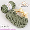 A hand-knitted olive green yarn is shown next to a finished woven bag made from the yarn.
