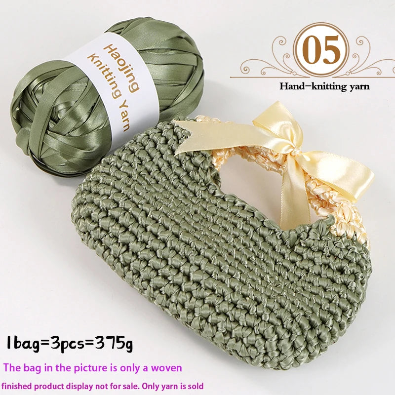 A hand-knitted olive green yarn is shown next to a finished woven bag made from the yarn.