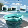 A teal folding display sand bucket toy is shown with its lid open, demonstrating its compact storage feature.