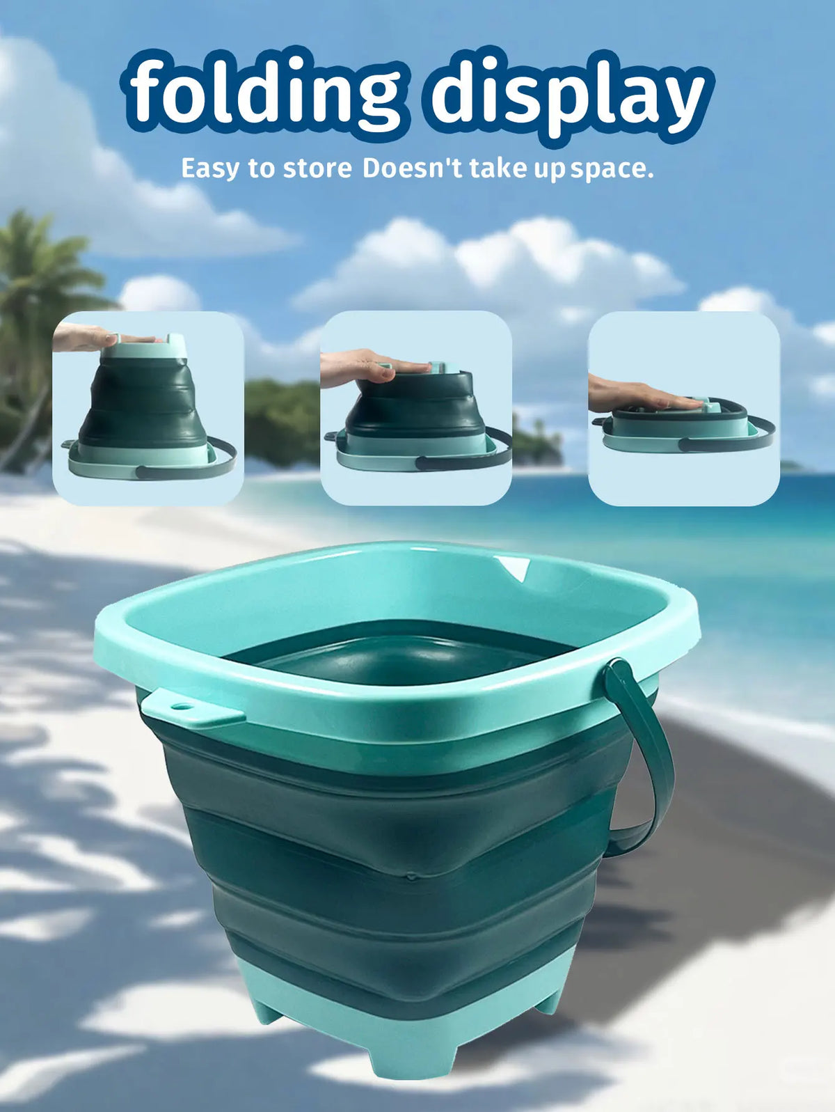 A teal folding display sand bucket toy is shown with its lid open, demonstrating its compact storage feature.