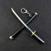 A black samurai sword with a silver blade and gold accents is displayed crossed on a dark background.
