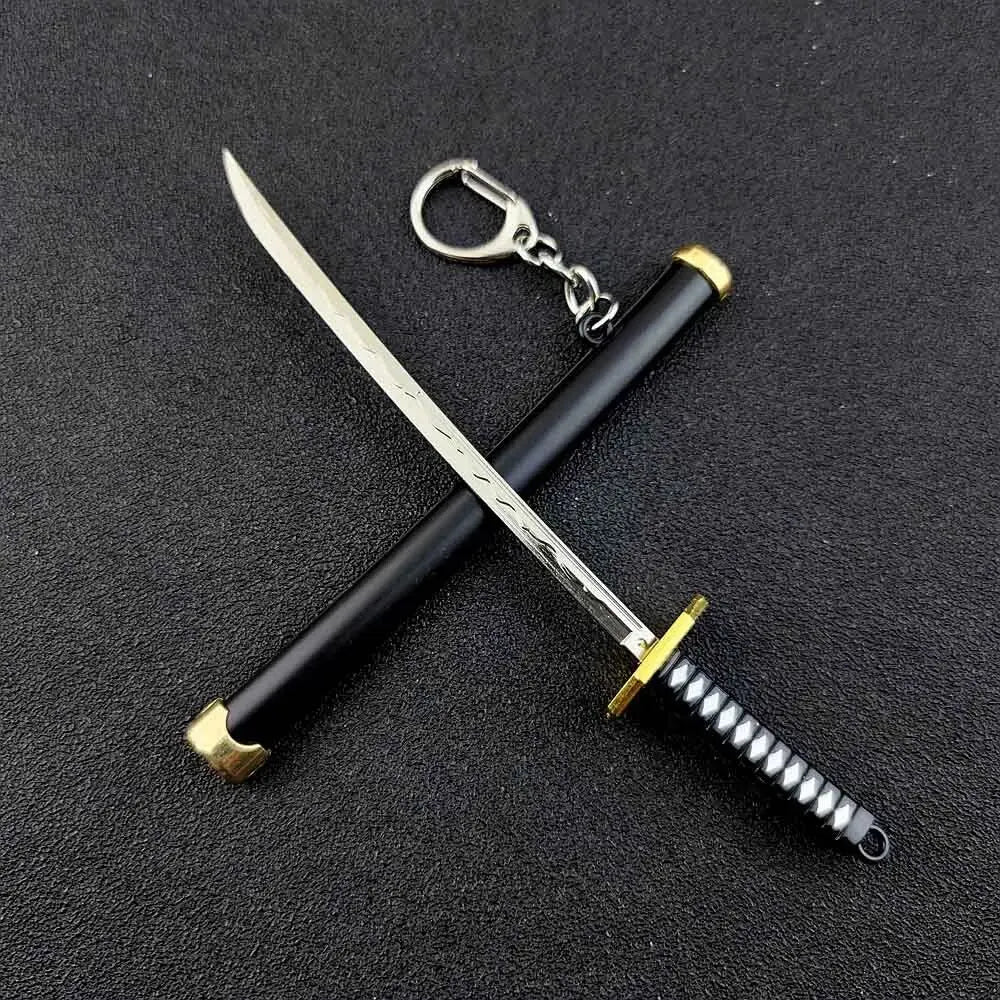 A black samurai sword with a silver blade and gold accents is displayed crossed on a dark background.