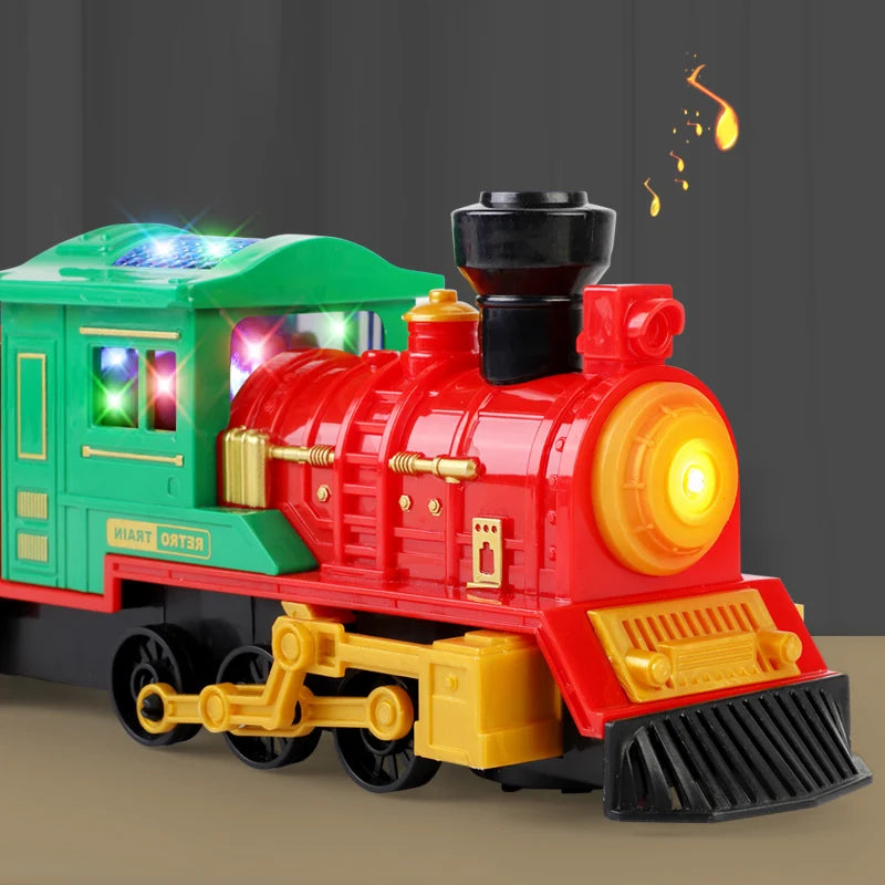 A red and green Christmas steam train toy with lights and sound on a track.