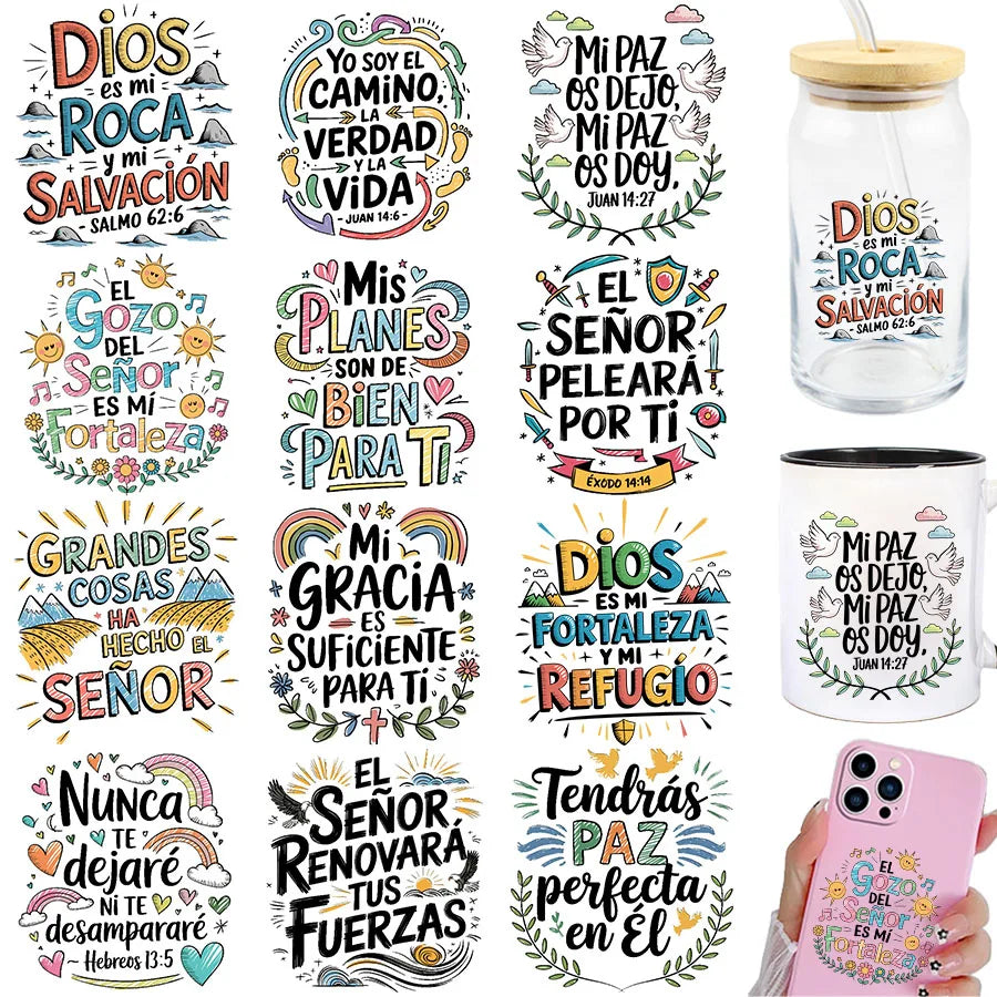 A collection of Spanish Bible verses printed on stickers and transfer sheets for crafts