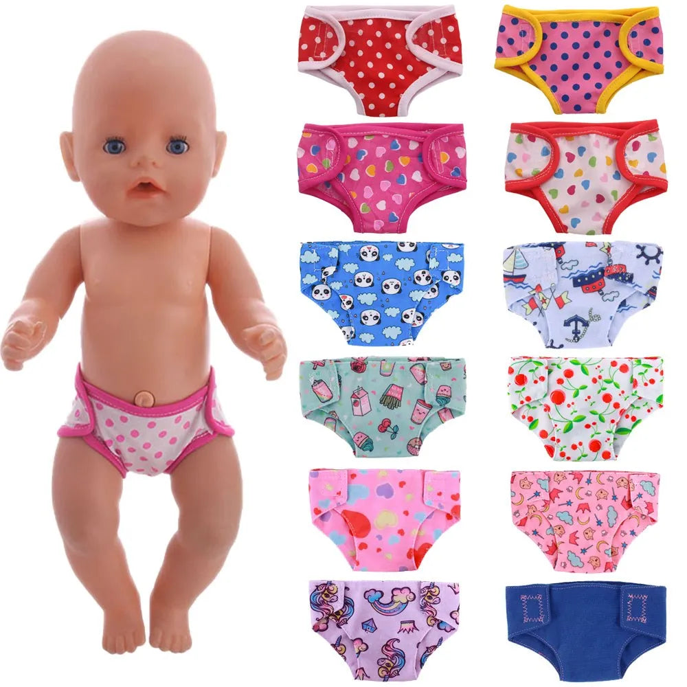 A collection of colorful soft doll underwear in various patterns and colors for 18-inch dolls.