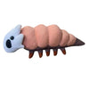 A soft plush doll resembling a segmented creature with white skin and pink body segments.