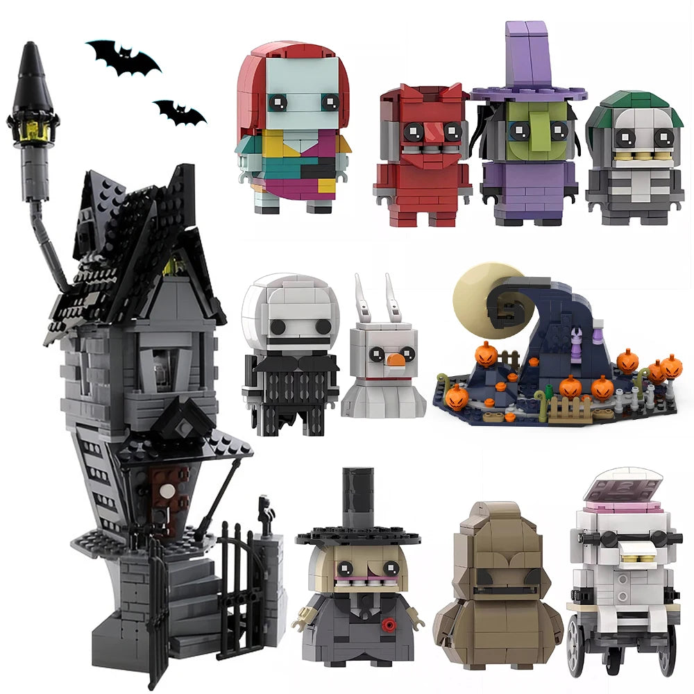 A collection of LEGO building blocks depicting characters and scenes from The Nightmare Before Christmas