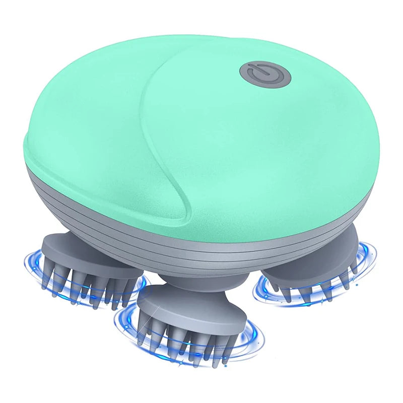A light green electric massager device with three rotating silicone heads is shown from above.