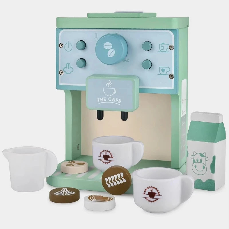 A light green wooden pretend play tea party set featuring a coffee machine design and several white cups.