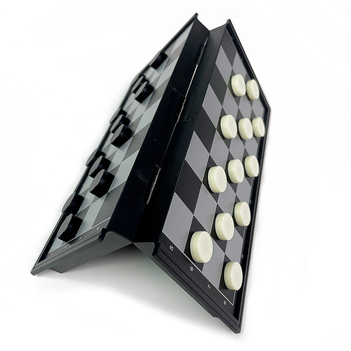 A black foldable magnetic checkers board game set with white checkers, shown at an angle.