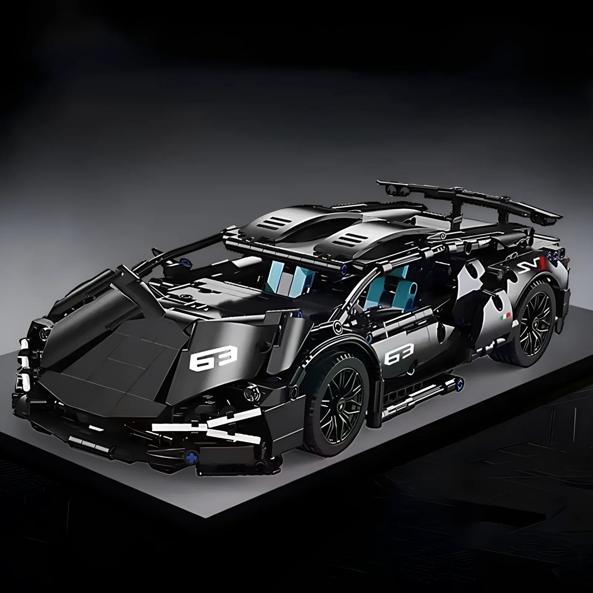 A black 1:14 scale RC sports car building kit with a spoiler and blue accents displayed on a dark surface.