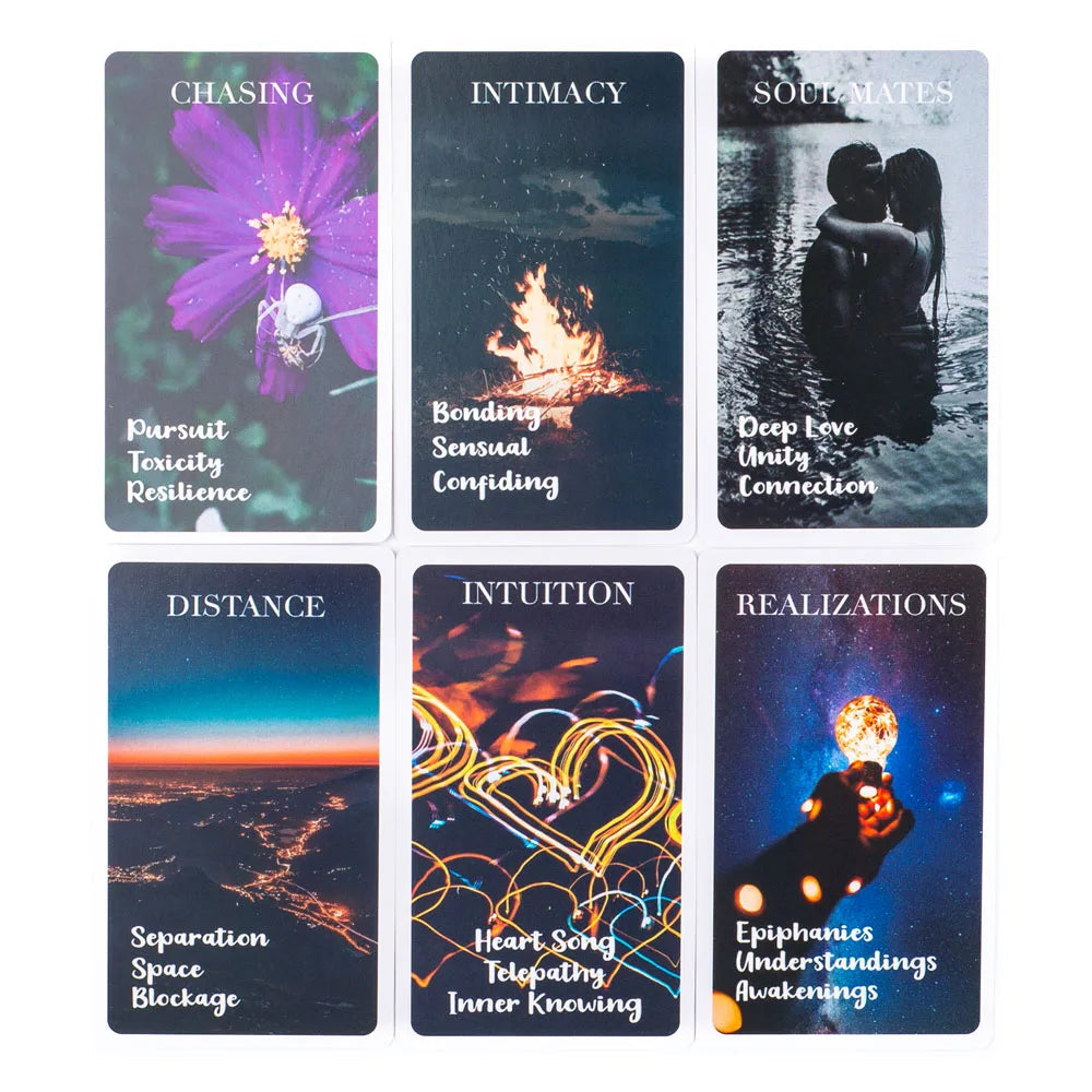 Ensemble de neuf cartes oracles style tarot illustrant des concepts spirituels comme la Poursuite, l'Intimité, les Âmes sœurs