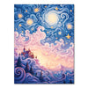 A painting depicting a night starry sky with swirling clouds and a castle silhouette against a pink and purple sunset.