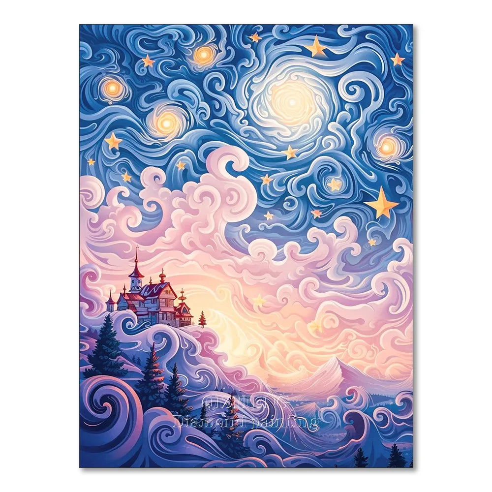 A painting depicting a night starry sky with swirling clouds and a castle silhouette against a pink and purple sunset.