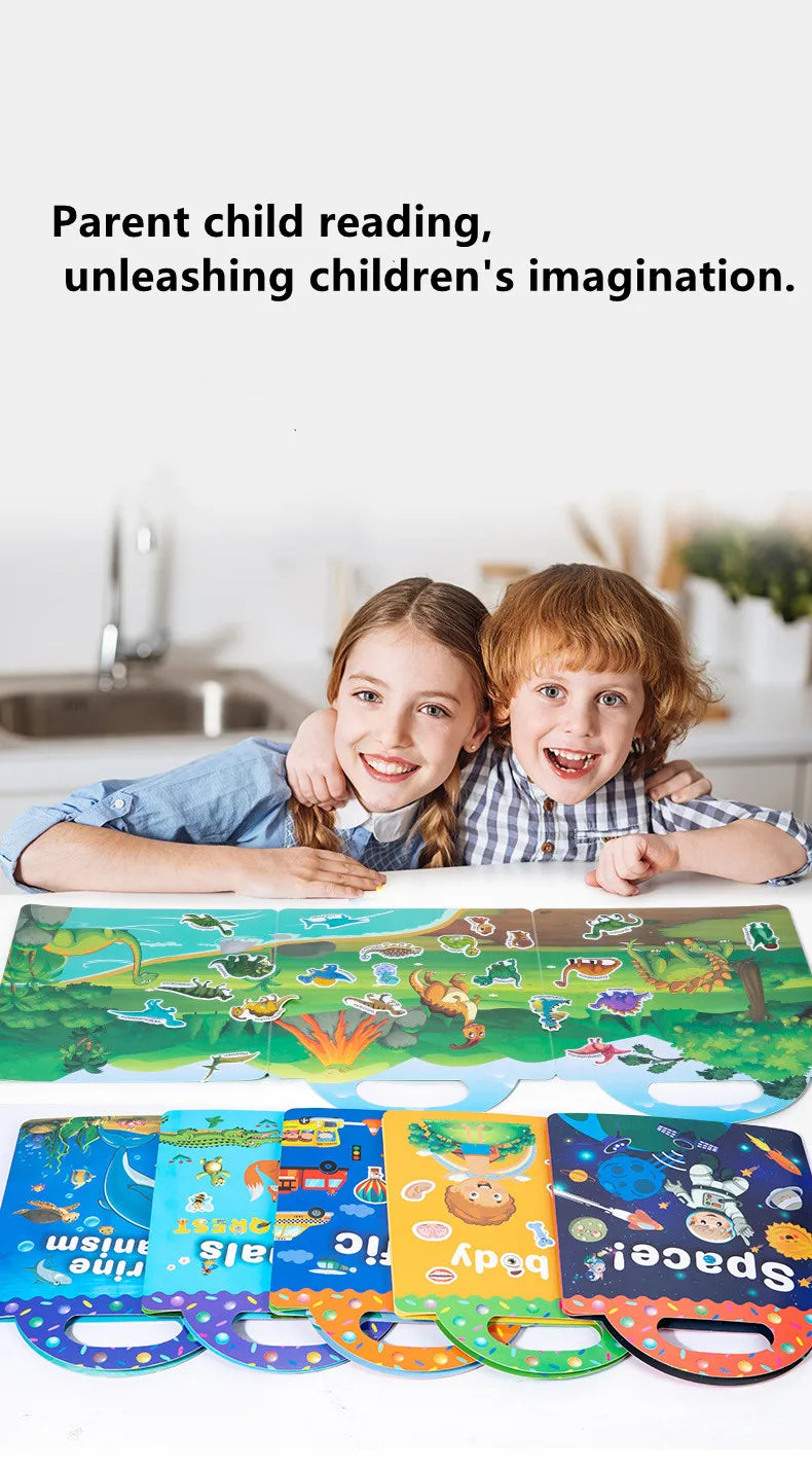 A parent and child are reading a reusable cartoon sticker book together with various colorful scenes.