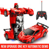 A red transforming robot car is shown with its components separated and assembled, ready for remote control.