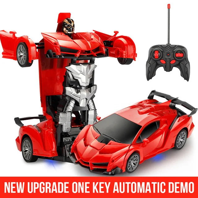 A red transforming robot car is shown with its components separated and assembled, ready for remote control.