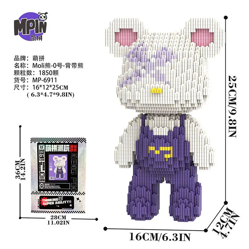 A detailed brick art bear figure in purple and gray, packaged with instructions.