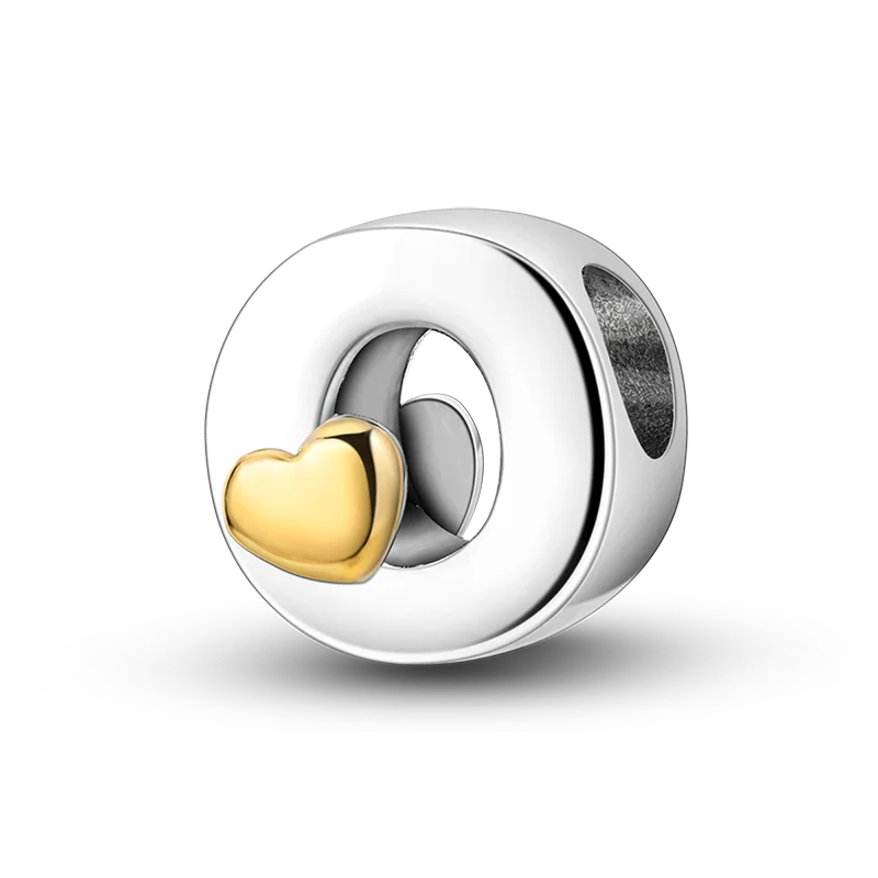 A silver charm bead featuring a heart shape and an alphabet letter design with cubic zirconia accents.