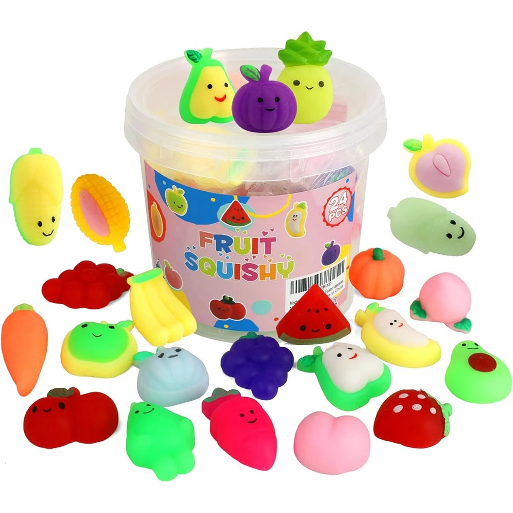 A collection of colorful fruit and vegetable squishy toys in a clear container.
