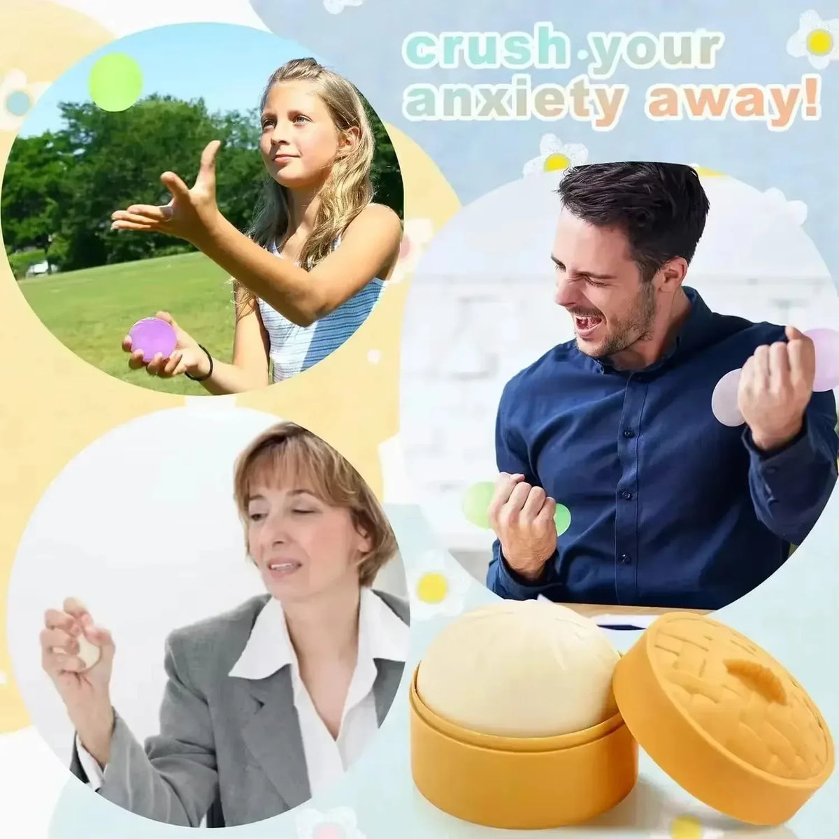 A man and a woman are shown using yellow squishy stress balls for anxiety relief.