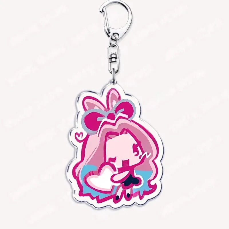 Acrylic keychain featuring a chibi-style character with pink hair and a pink bow.