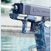 A blue high-power water blaster gun is shown aimed, with water spraying in an outdoor setting.