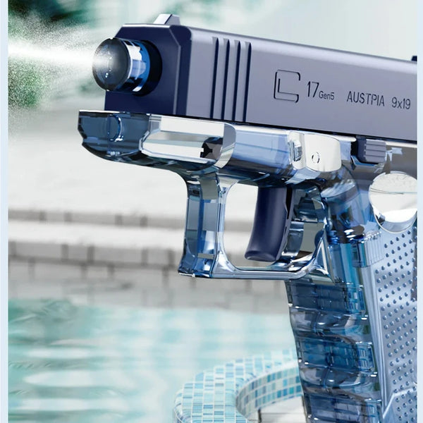 A blue high-power water blaster gun is shown aimed, with water spraying in an outdoor setting.