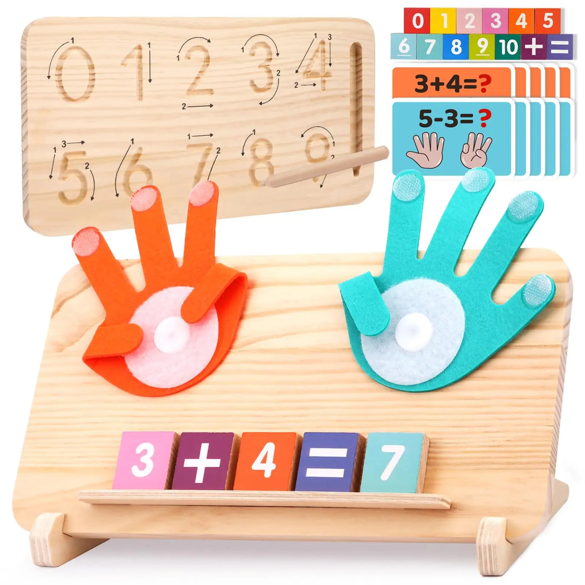 A set of wooden finger counting and math toys including a number board, colored fingers, and wooden blocks for toddlers.