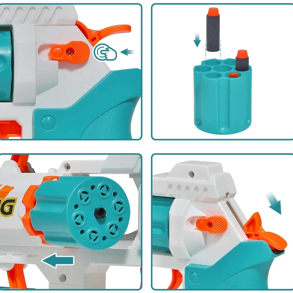 Close-up views of a foam bullet toy pistol with rapid-fire action for kids showing components and operation.