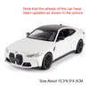 A white BMW M4 and X3M diecast model car with updated wheels shown in a side view.