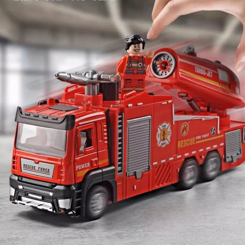 A red fire truck toy with a driver figure is shown in a close-up, highlighting its features.