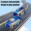 A silver and blue transforming dinosaur car toy is shown speeding down a road.