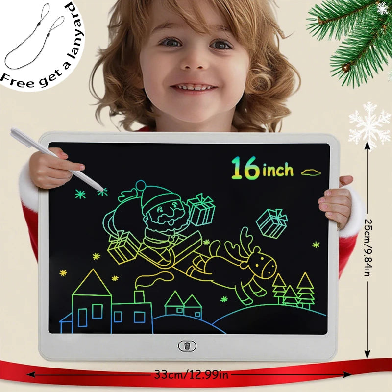 A child holds a 16-inch multi-color LCD writing tablet displaying a Christmas scene.