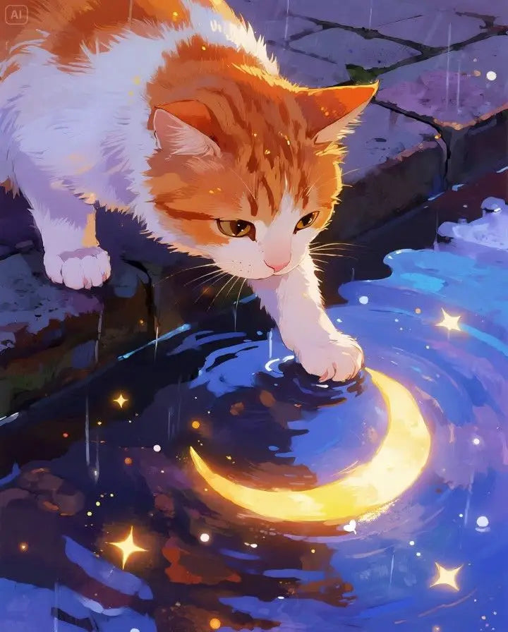 An orange and white cat dips its paw into dark blue water, reflecting a golden crescent moon.