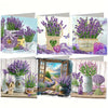 A set of DIY diamond painting birthday cards featuring purple lavender flowers and birds in various floral arrangements.