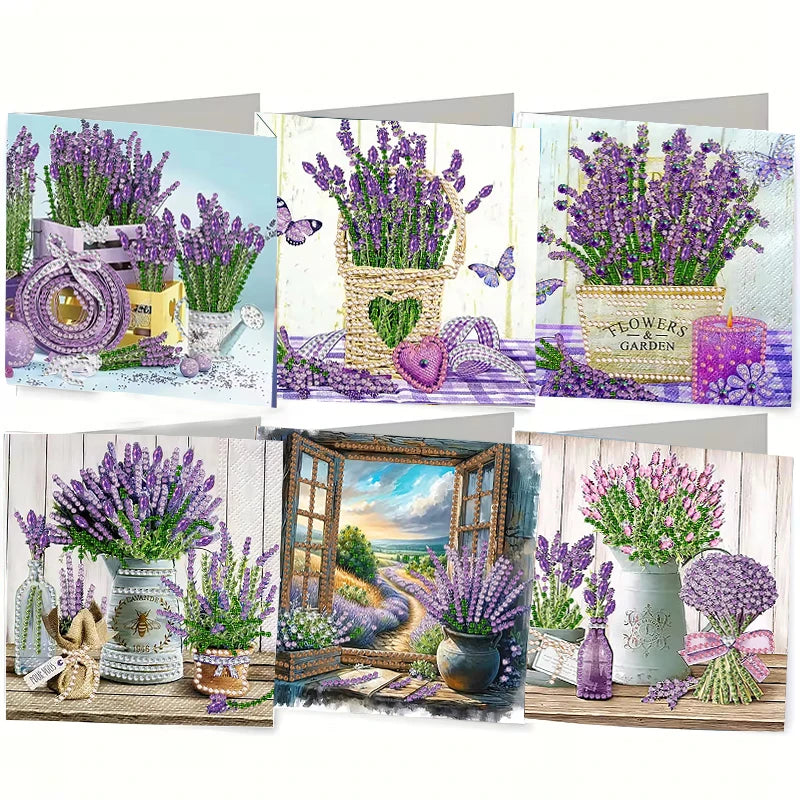 A set of DIY diamond painting birthday cards featuring purple lavender flowers and birds in various floral arrangements.