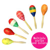 A collection of multiple wooden sand hammers or percussion instruments in various colors and designs.