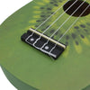 A 21-inch soprano ukulele with a kiwi fruit design is shown, featuring a green body and a black soundboard.