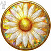 A circular stained glass puzzle featuring a white daisy flower with a yellow center and golden rim.