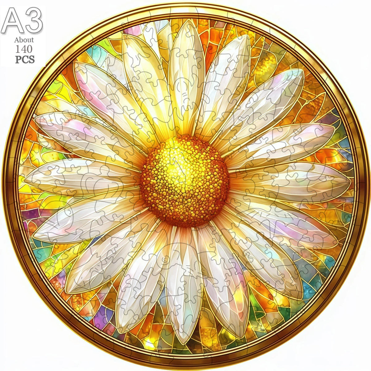 A circular stained glass puzzle featuring a white daisy flower with a yellow center and golden rim.