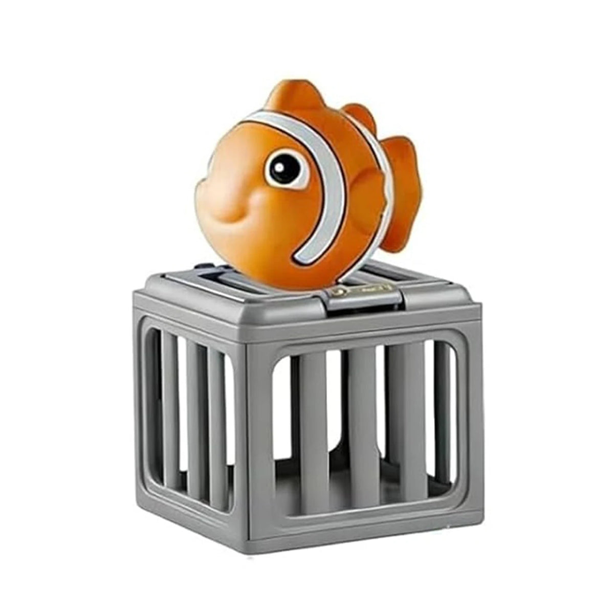 An orange and white fish toy is placed inside a gray plastic cage for an ocean rescue toddler bath and pool toy set.