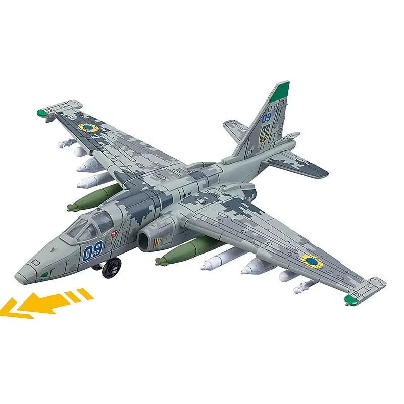 A plastic building block model of an A-10 Warthog military aircraft in gray and green camouflage.