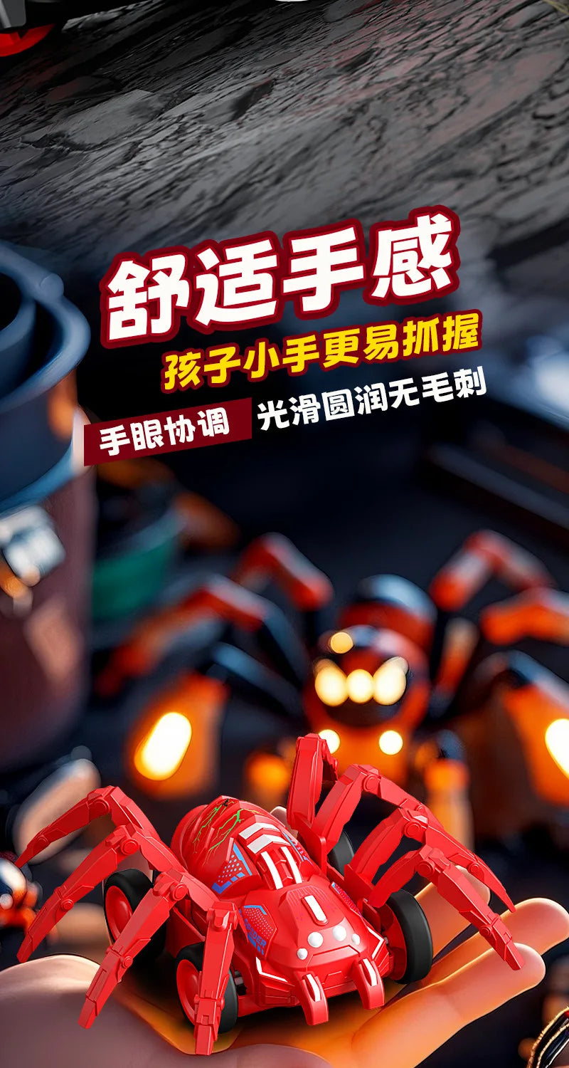 A red inertia-powered spider crawling toy car is held in a person's hand against a dark background.