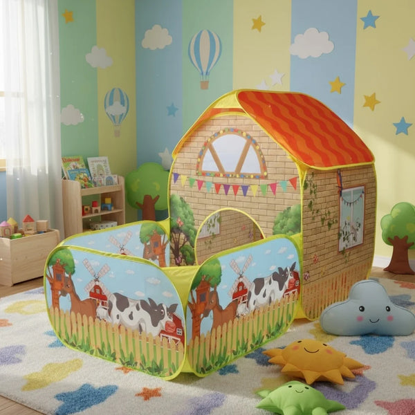 A large pop-up garden play tent with a house design and colorful decorations sits on a rug.