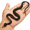 A black rubber snake prop is coiled on a person's hand, showing its realistic texture and slender body.