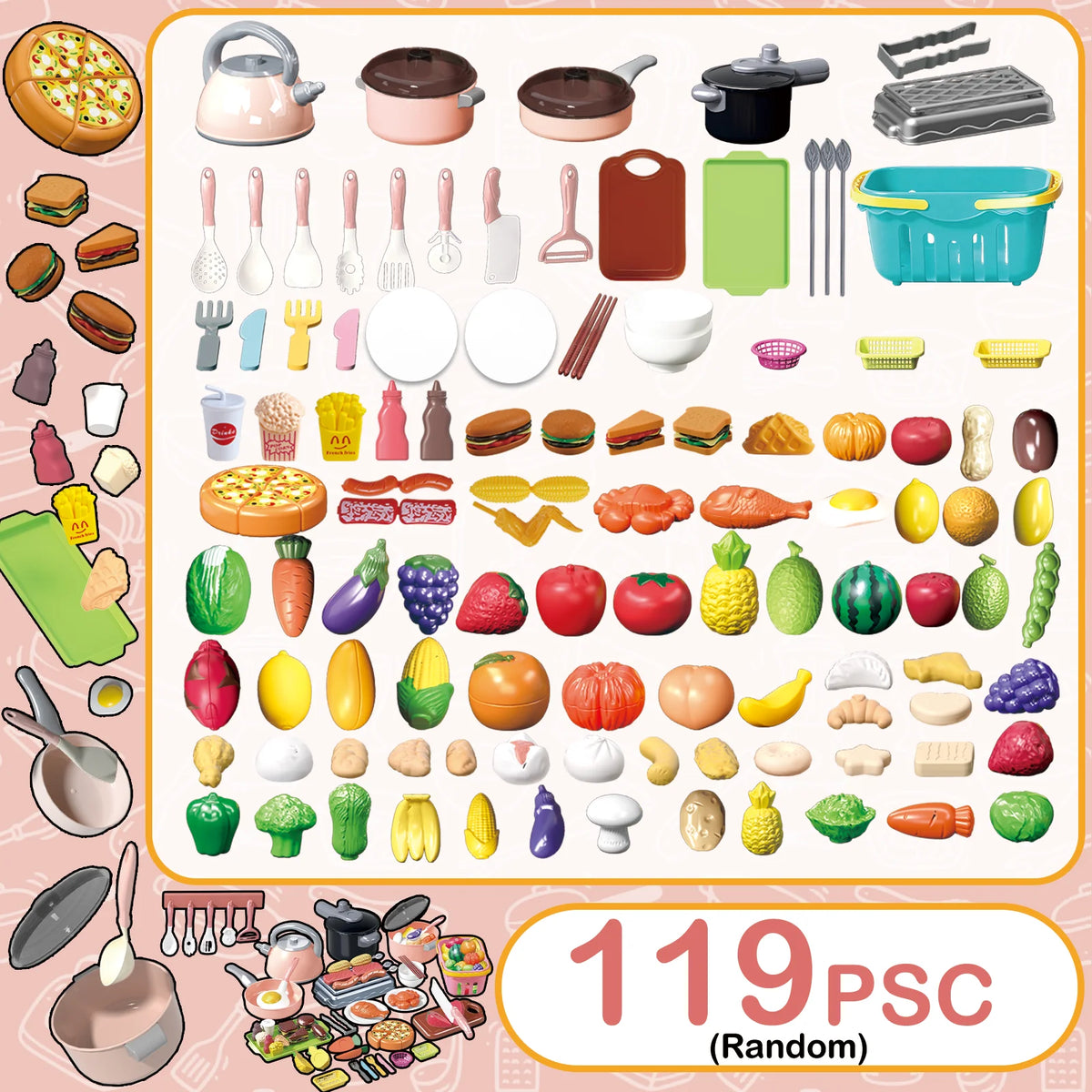 A collection of 119 assorted pretend play kitchen items including fruits, vegetables, and cookware for kids