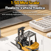 A 1:50 mini scale realistic vehicle replica of an alloy forklift truck with LED lights and sound.