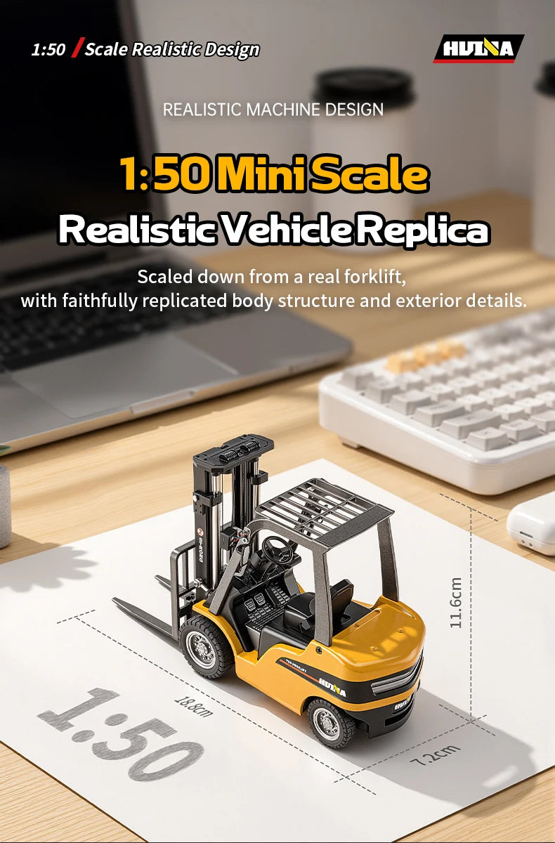 A 1:50 mini scale realistic vehicle replica of an alloy forklift truck with LED lights and sound.