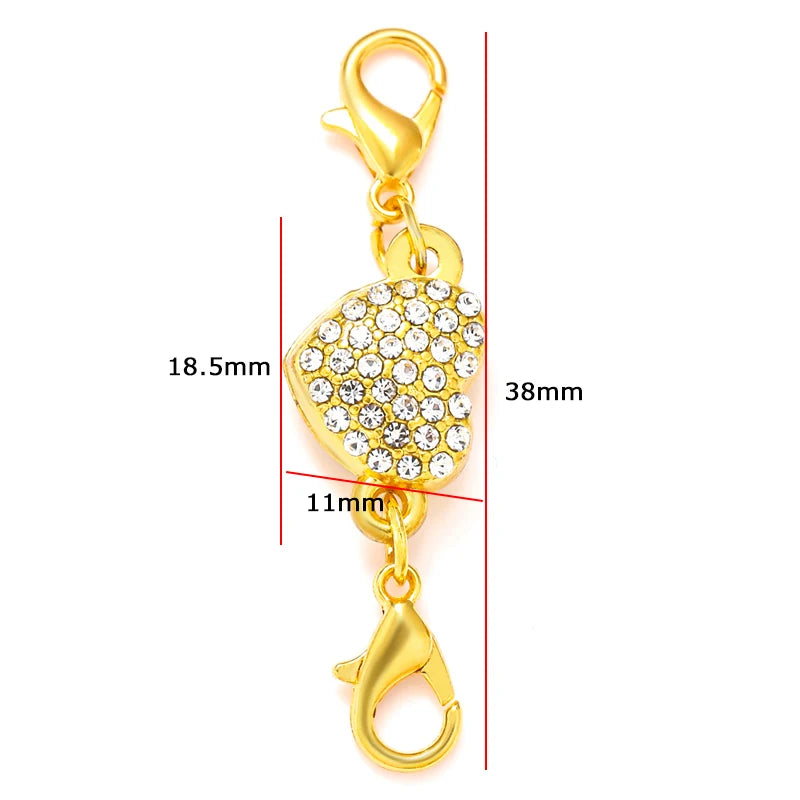 Gold-colored magnetic lobster claw clasps for jewelry making, shown with dimension lines.